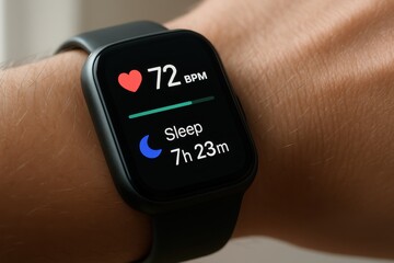 Close up of fitness smartwatch displaying heart rate and sleep metrics on wrist