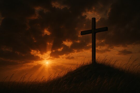 Silhouetted crucifix on hill at sunset dramatic clouds and beams of golden light - Powered by Adobe