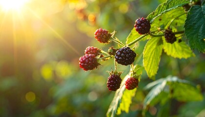Ripe blackberries on a sunny branch
