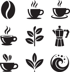 Coffee bean cup plant pot moka pot wave icons steam