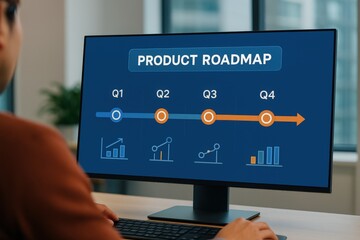 Product roadmap development in a business environment visual representation of quarterly progress digital workspace analytical viewpoint