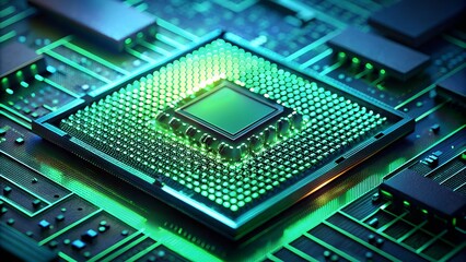 Closeup of a green glowing computer processor chip on a circuit board, representing artificial intelligence and advanced computing
