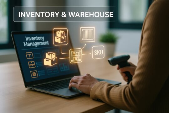Inventory management workflow optimization warehouse digital interface modern office close-up efficiency tracking system - Powered by Adobe