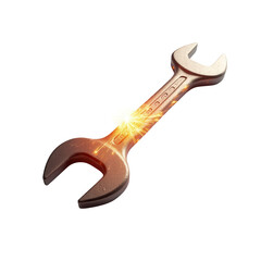 A metal wrench, featuring a warm, reddish-brown color, displays a dynamic effect within its center, with bright yellow and orange sparks radiating outward, set against a stark, black background.