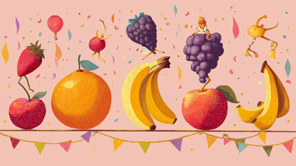 Colorful Fruits Dancing on Garland Flat Illustration Joyful Concept