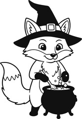 Cute halloween fox witch brewing potion in cauldron vector illustration design for print and web use