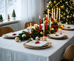 Festive Christmas Dinner Table with Ornaments and Cozy Holiday Atmosphere