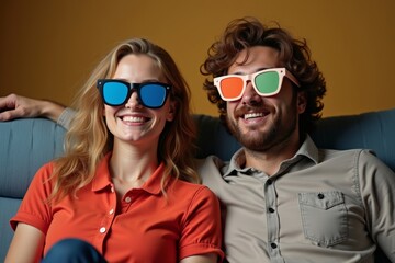 Colorful eyeglasses-wearing couple with funky style lounging on a couch.