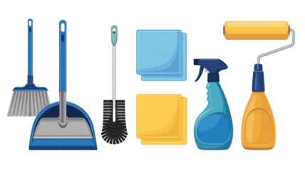 Set of various cleaning supplies and household tools