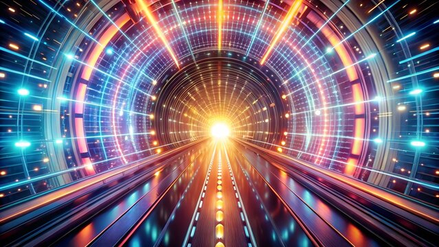 A futuristic digital tunnel or wormhole with glowing orange and blue lines, representing speed, data transfer, and virtual reality