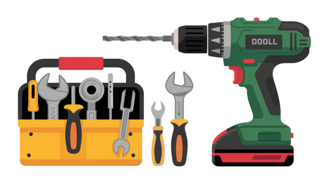 Power drill and toolbox with hand tools vector illustration set