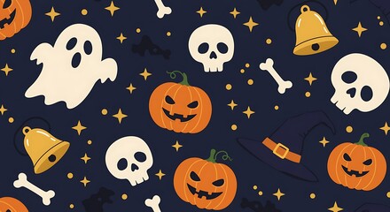 Cute cartoon Halloween pattern with pumpkins skulls ghosts and stars