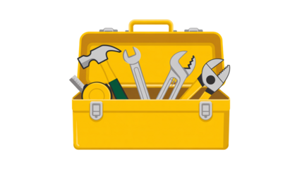 Open yellow toolbox filled with construction and repair hand tools illustration

