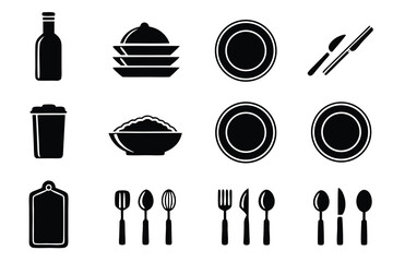 Collection of kitchenware icons isolated on white background, featuring plates, cutlery, and serving dishes for culinary use