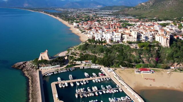 Italy tourism, beautiful Sperlonga town with great beach, ancient Italian city in province Latina . tourists summer destinations. aerial drone 4k hd footage