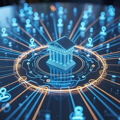 Glowing digital bank building surrounded by connected human icons and circuit board lines technology