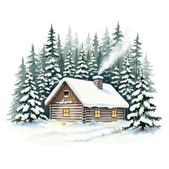 Cozy winter cabin nestled within a snowy forest scene, its warm glow of light and chimney smoke contrasting the crisp winter air. 