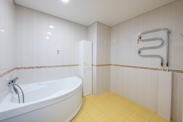 Bright Elegant Modern Luxury Bathroom Interior Design With White Bathtub. Gray Walls, Heater