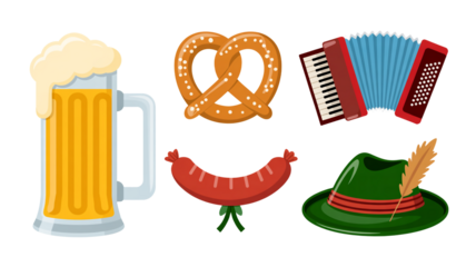 Oktoberfest celebration icons set with beer mug, pretzel, and hat