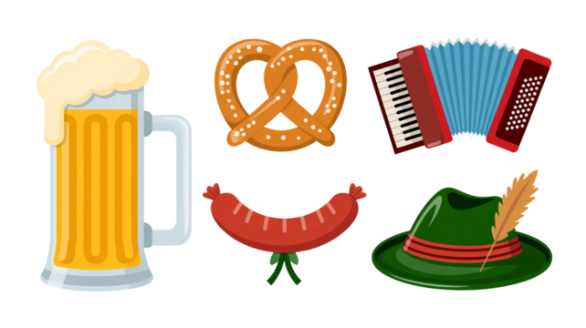 Oktoberfest celebration icons set with beer mug, pretzel, and hat