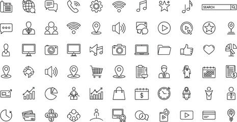 Minimal blue line icons, communication, technology, multimedia, business, shopping, social media, interface, time management, modern digital design set