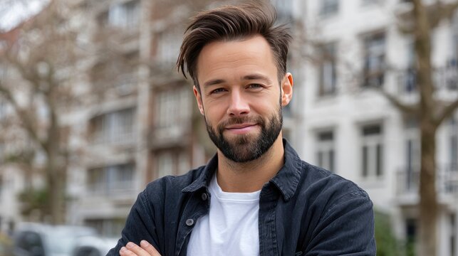 A young boy stands with arms crossed, smiling brightly in a hoodie, enjoying a relaxed moment outdoors with greenery in the background