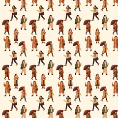 Seamless autumn pattern featuring stylish women walking with umbrellas, coffee cups, and books in cozy coats and scarves