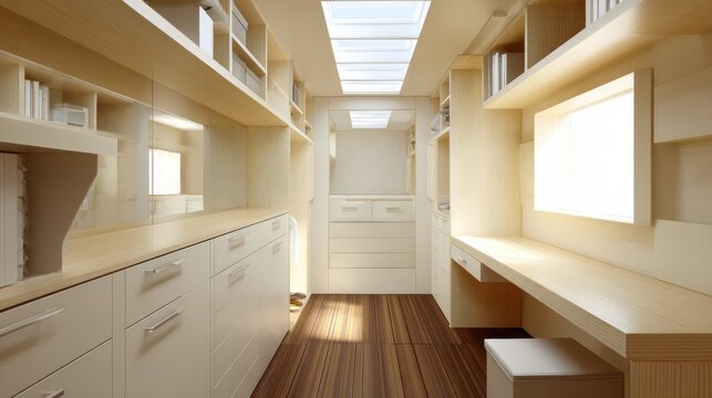 Bright walk-in closet featuring custom storage solutions and modern design, perfect for organizing a stylish wardrobe