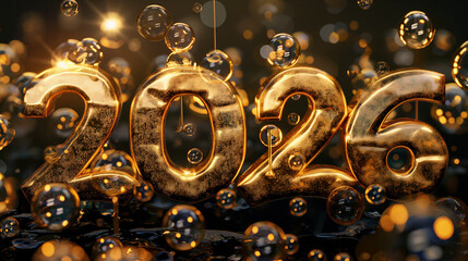 Golden 2026 Numbers Shining Celebration 3D Render Dark Background New Year Concept