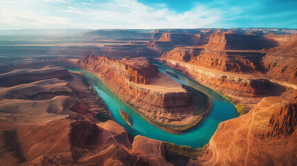 Aerial View of Vibrant Desert Canyon and River Bend