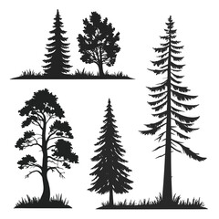 Obraz premium Assortment of tree silhouettes with grass on white background