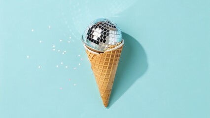 Surreal minimalist concept art ice cream cone with reflective topping on cyan backdrop