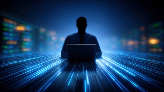Silhouette of person working on laptop in data center, surrounded by glowing blue light trails, creating futuristic and dynamic atmosphere