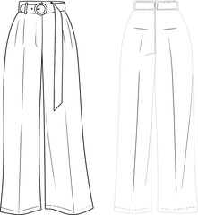 Wide leg trousers fashion illustration, technical flat sketch, high waist pants with belt, pleated design, front and back view drawing