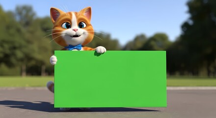 Obraz premium Cute 3D ginger and white cat mascot with a blue bow tie holding a large blank green screen sign in a sunny park setting