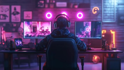 A male gamer vibrant, futuristic cyberspace sits before dual monitors, showcasing his skills amidst neon lights, fully engaged in an exhilarating gaming experience that reflects his passion and talent - Powered by Adobe