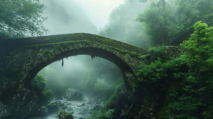 Ancient Stone Bridge Over Misty Forest River