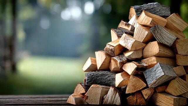 Sturdy stack of firewood prepared for a warm gathering outdoors under a beautiful green canopy. Perfect for cozy nights
