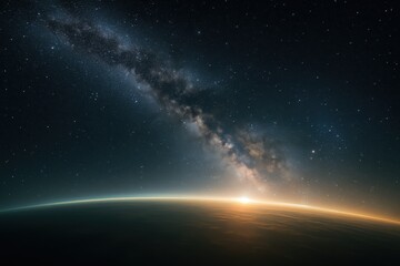 Majestic Milky Way arcing over glowing horizon with Earth limb and rising sun