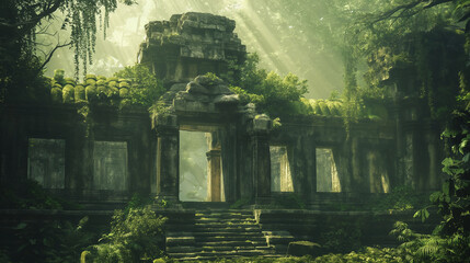 Ancient Jungle Temple Ruins Illuminated by Sun Rays 