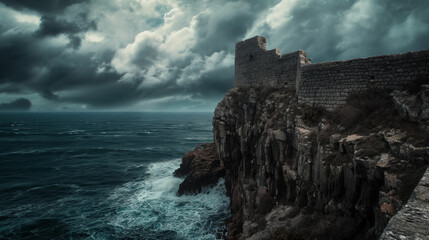 Dramatic Coastal Cliff Fortress Under Stormy Sky