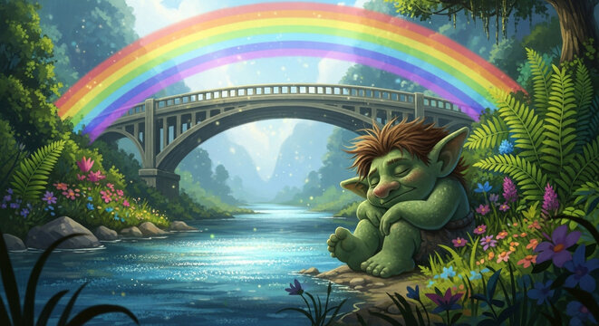 Peaceful troll naps by tranquil river under vibrant rainbow and stone bridge in enchanted forest