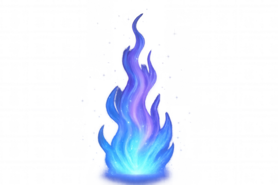 Glowing magic fire flame with blue and purple energy effects, sparking light particles, transparent background