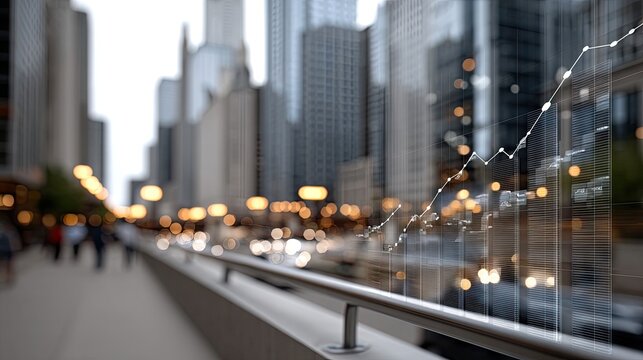 Graphs illustrating financial trends overlay a busy urban road as evening approaches, highlighting economic movement and vitality