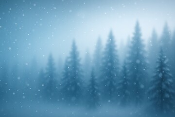 Naklejka premium Snowy pine forest with gentle snowfall and frosty bokeh light winter background