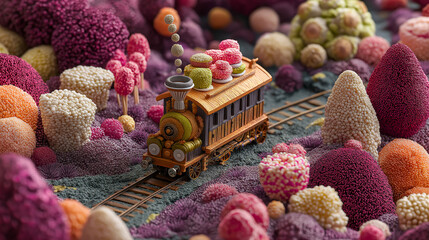 Candy Train Traveling Through Sweet Fantasy Landscape 3D Render