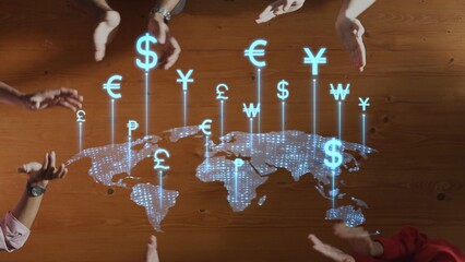 A visual representation of various currency symbols floating above a global map, symbolizing...