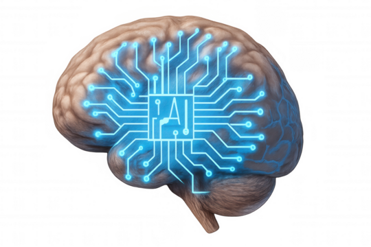 Human brain with glowing ai circuit board overlay, representing artificial intelligence and advanced technology concepts