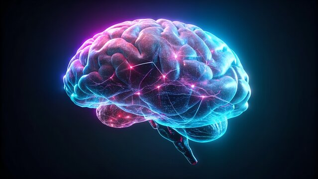 A vibrant, stylized human brain illuminated with pink and blue neon lights, depicting neural activity