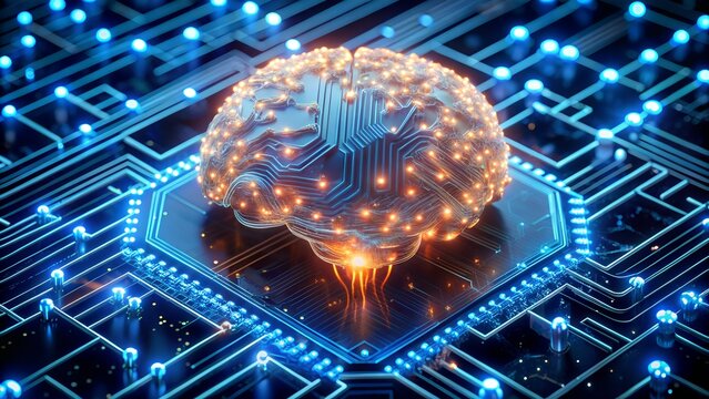 Digital brain illustration with glowing circuits and nodes, representing artificial intelligence and neural networks in a futuristic technological concept